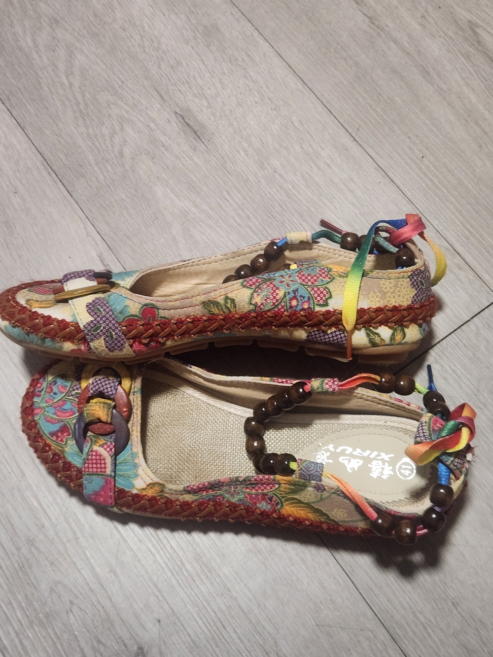 🌸 Boho Beaded Floral Canvas Flats - Rainbow Laces Sz 41